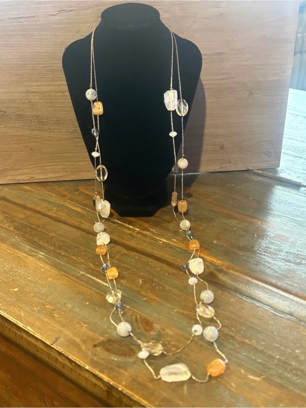 Long Multi-Stone Beaded Necklace in White and Orange - Unbranded